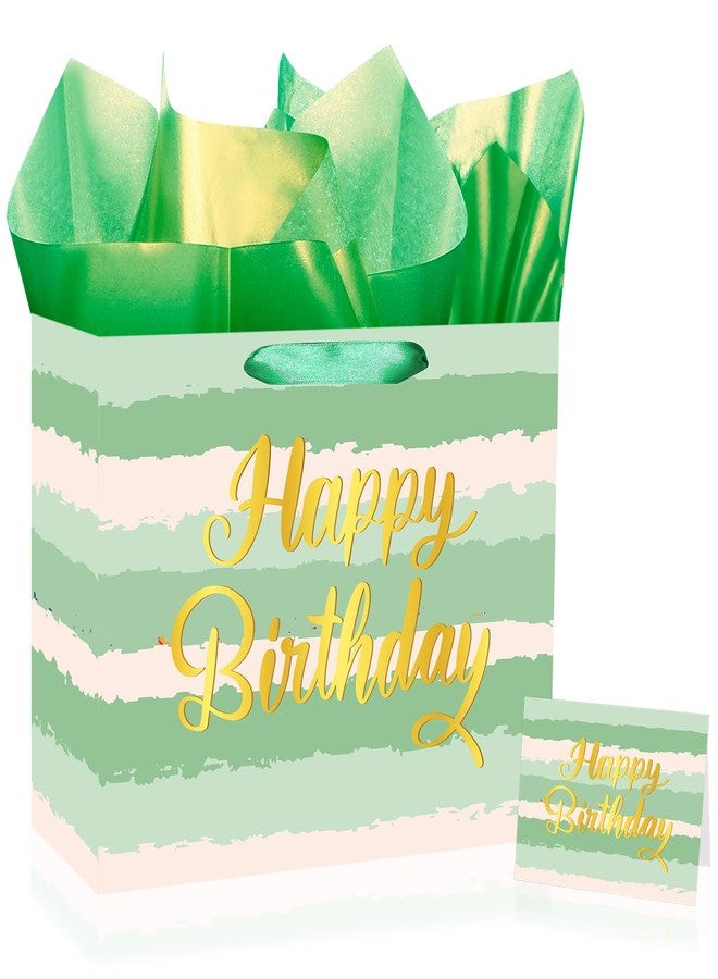 Woosytoo Sage Green Birthday Gift Bag Large Happy Birthday Gift Bag with Greeting Card and Tissue Paper Sage Green Striped Watercolor Wrapping Paper Bags for Girls Women Bday Baby Shower Party Decor - Image 1